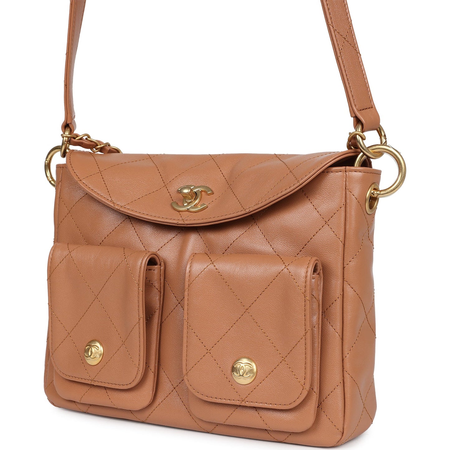 Chanel Double Pocket Hobo Bag Caramel Shiny Calfskin Brushed Gold Hardware