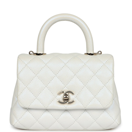 Chanel Mini Coco Handle Flap Bag Ivory Pearly Iridescent Caviar Light Gold Hardware