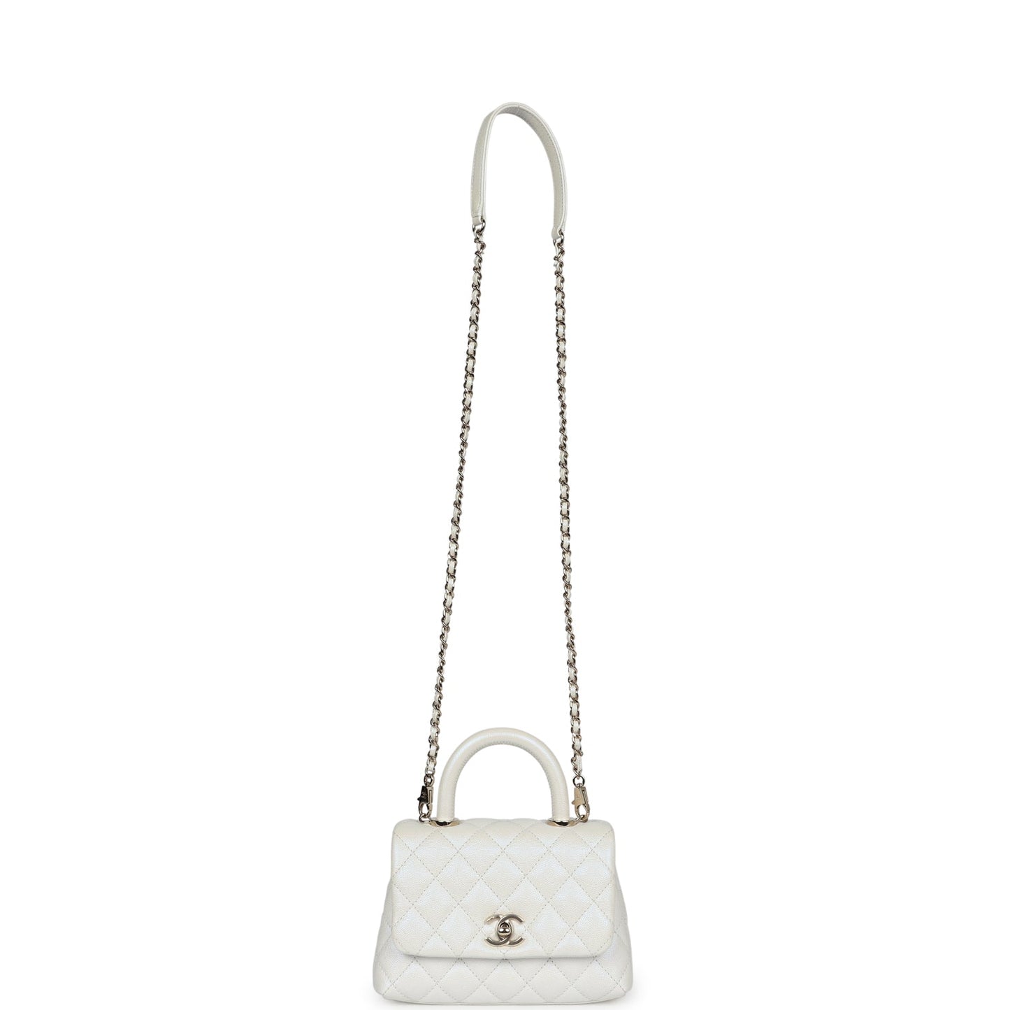 Chanel Mini Coco Handle Flap Bag Ivory Pearly Iridescent Caviar Light Gold Hardware