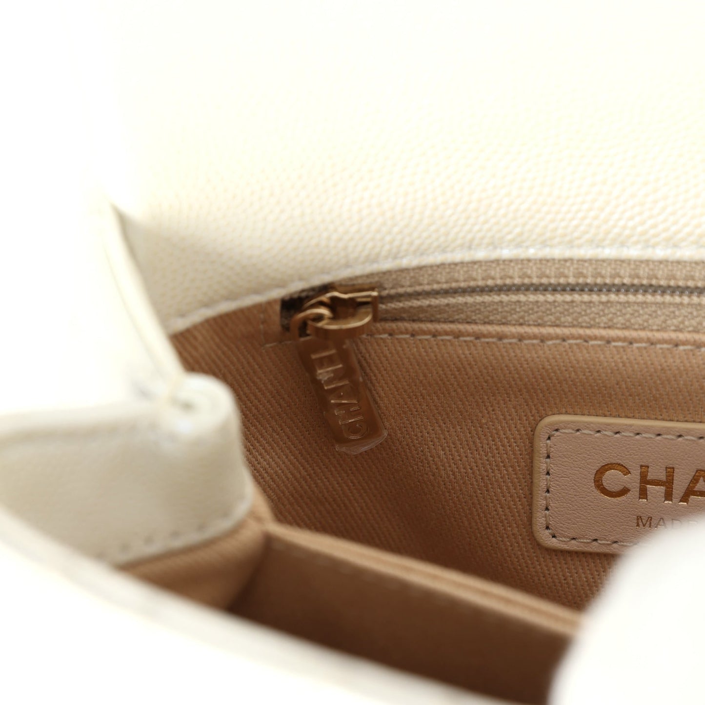 Chanel Mini Coco Handle Flap Bag Ivory Pearly Iridescent Caviar Light Gold Hardware