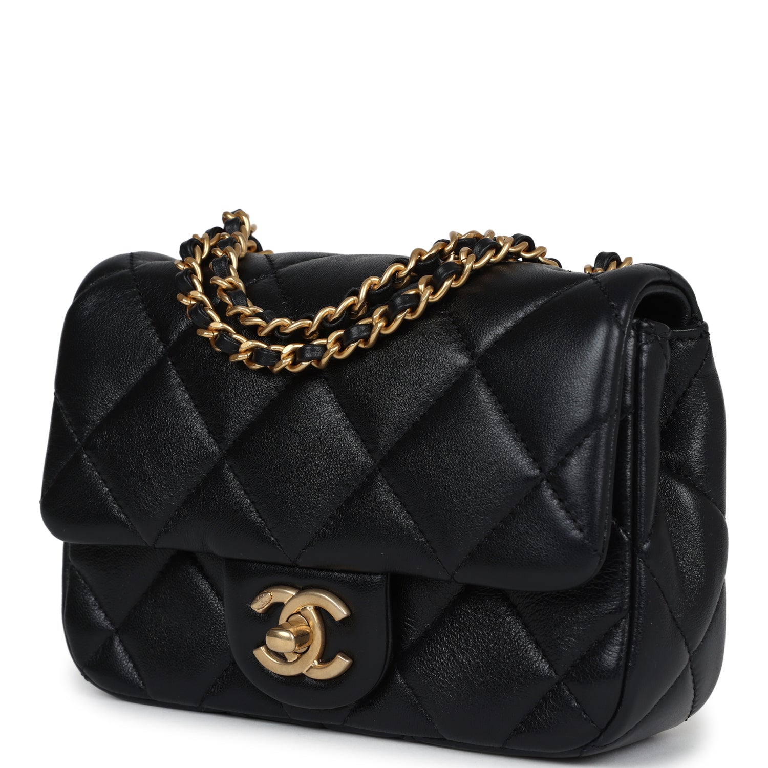 Chanel Mini Square Pearl Flap Bag Black Lambskin Brushed Gold Hardware - Bob Flawless Skincare 