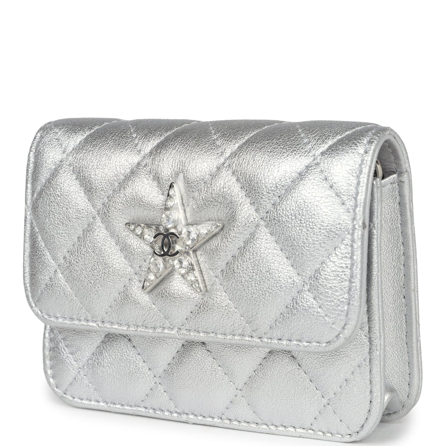 Chanel Crystal CC Walk Of Fame Clutch Silver Metallic Goatskin Silver Hardware - Bob Flawless Skincare 