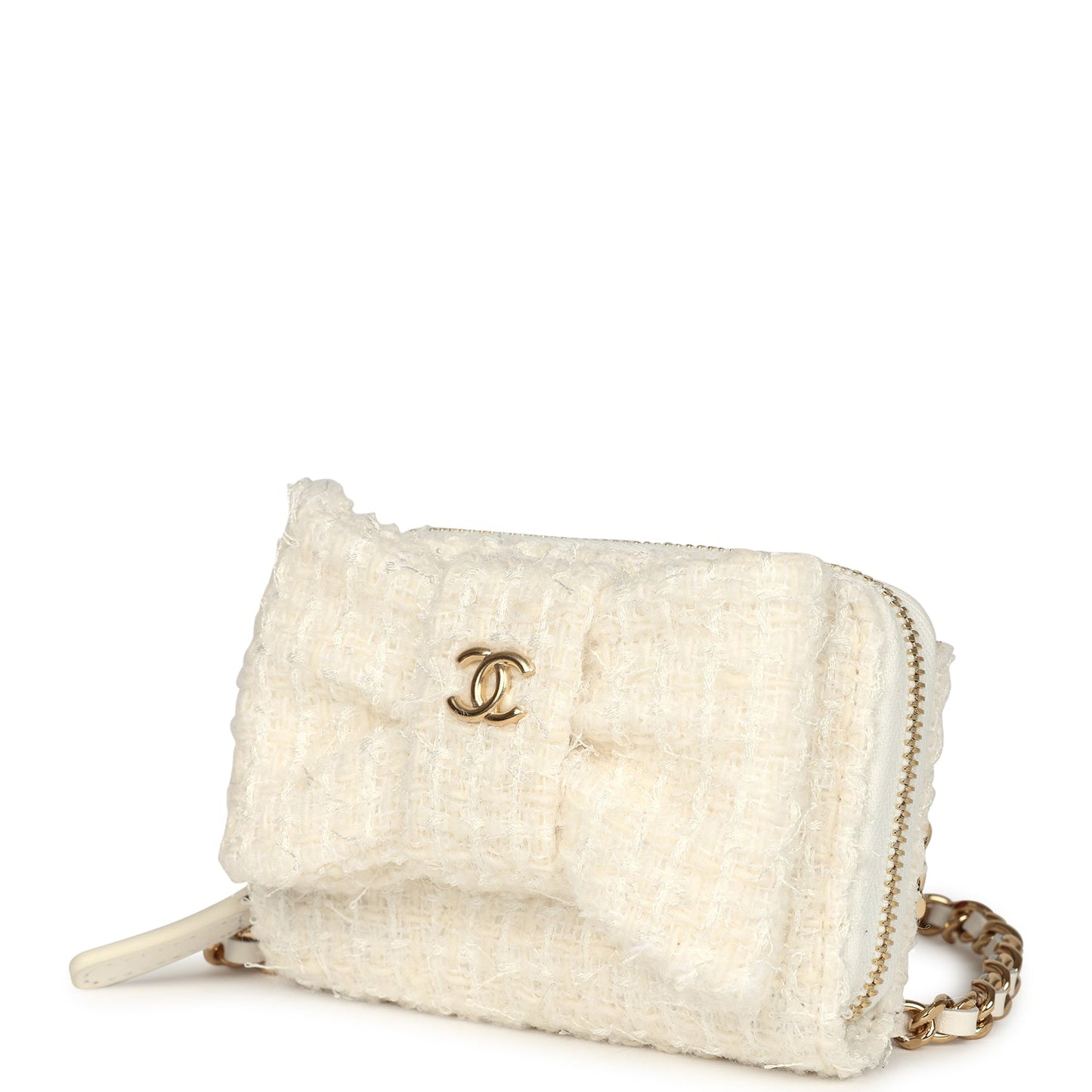 Chanel VIP Wallet on Chain WOC Bow White Tweed Gold Hardware