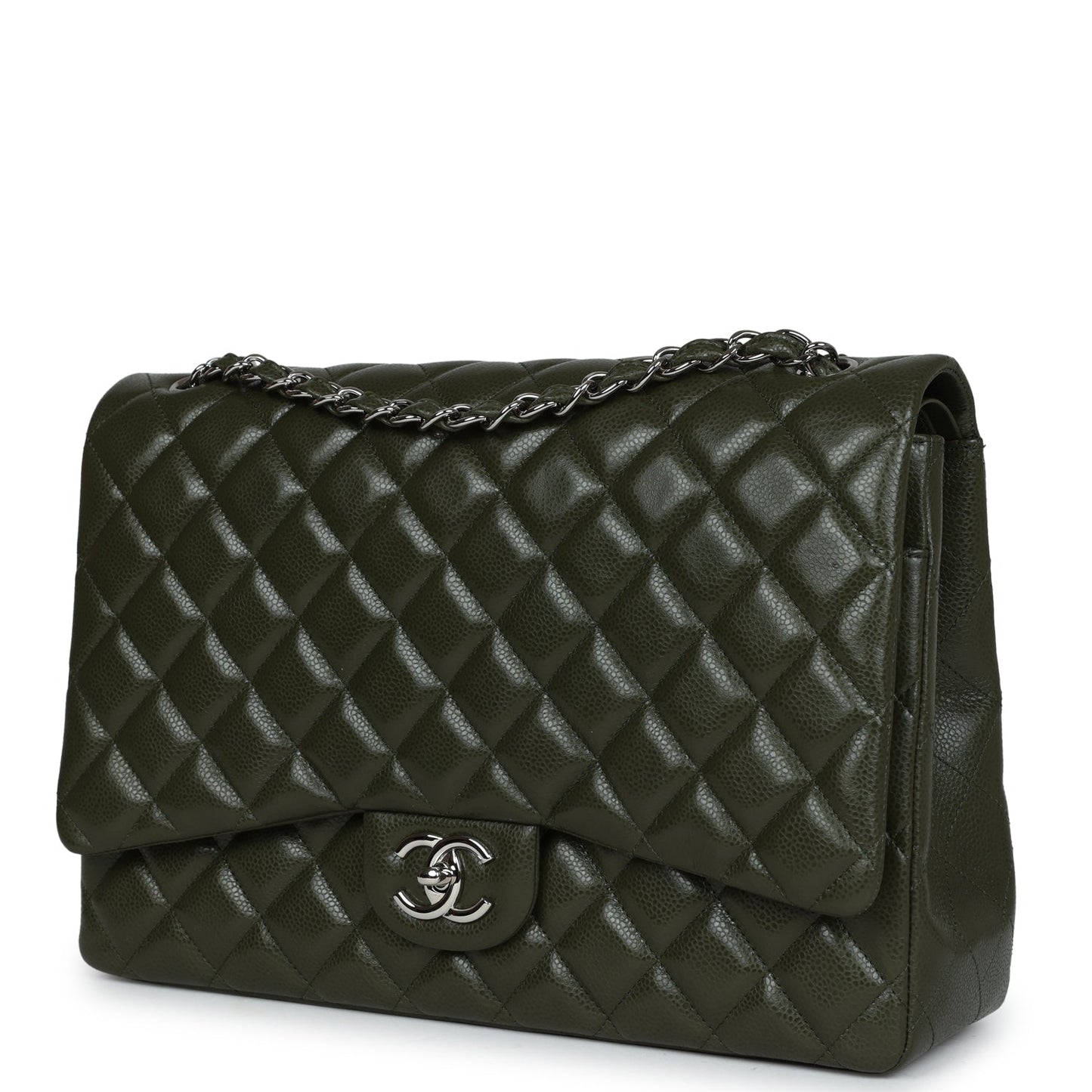 Chanel Maxi Classic Double Flap Bag Olive Green Caviar Silver Hardware