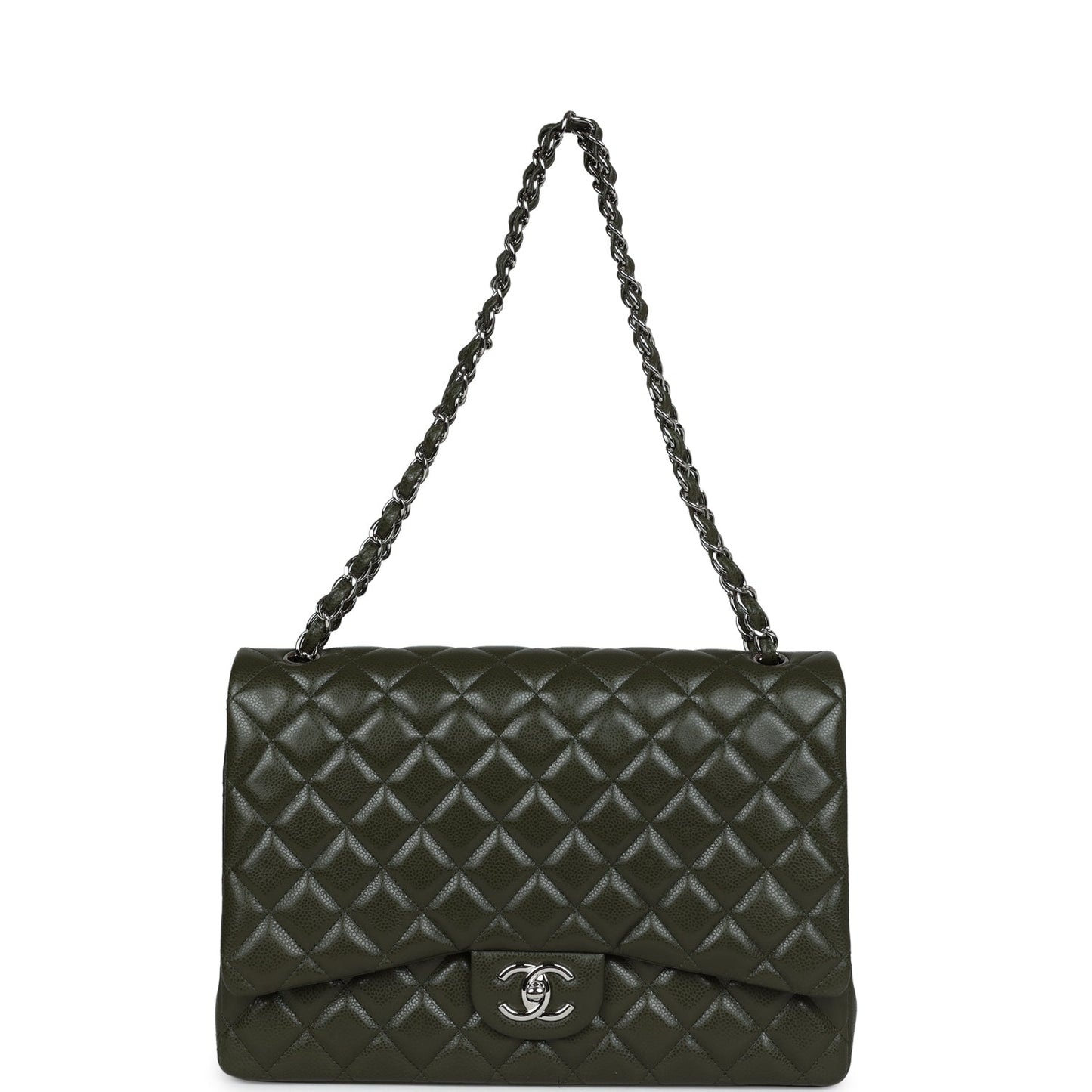 Chanel Maxi Classic Double Flap Bag Olive Green Caviar Silver Hardware