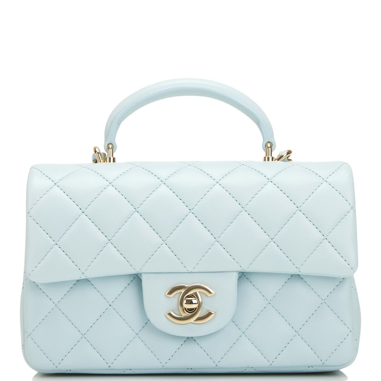 Chanel Mini Rectangular Flap with Top Handle Light Blue Lambskin Light Gold Hardware