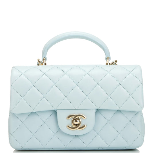 Chanel Mini Rectangular Flap with Top Handle Light Blue Lambskin Light Gold Hardware