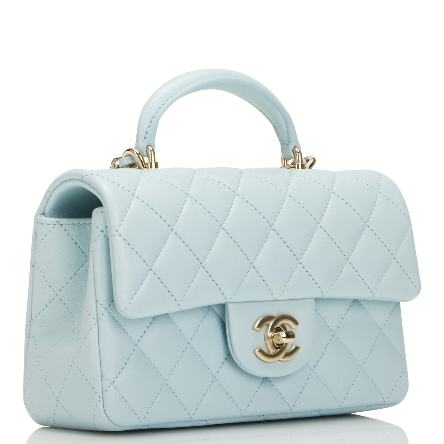 Chanel Mini Rectangular Flap with Top Handle Light Blue Lambskin Light Gold Hardware