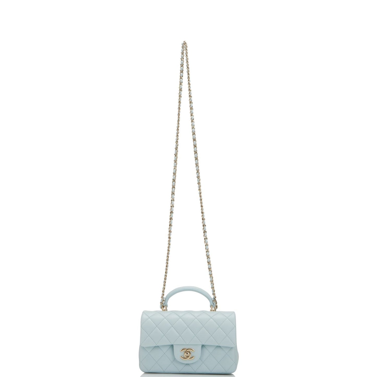 Chanel Mini Rectangular Flap with Top Handle Light Blue Lambskin Light Gold Hardware