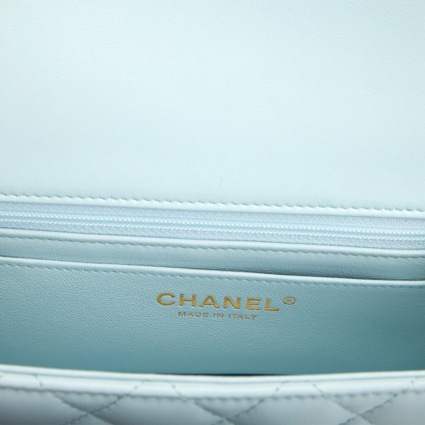 Chanel Mini Rectangular Flap with Top Handle Light Blue Lambskin Light Gold Hardware