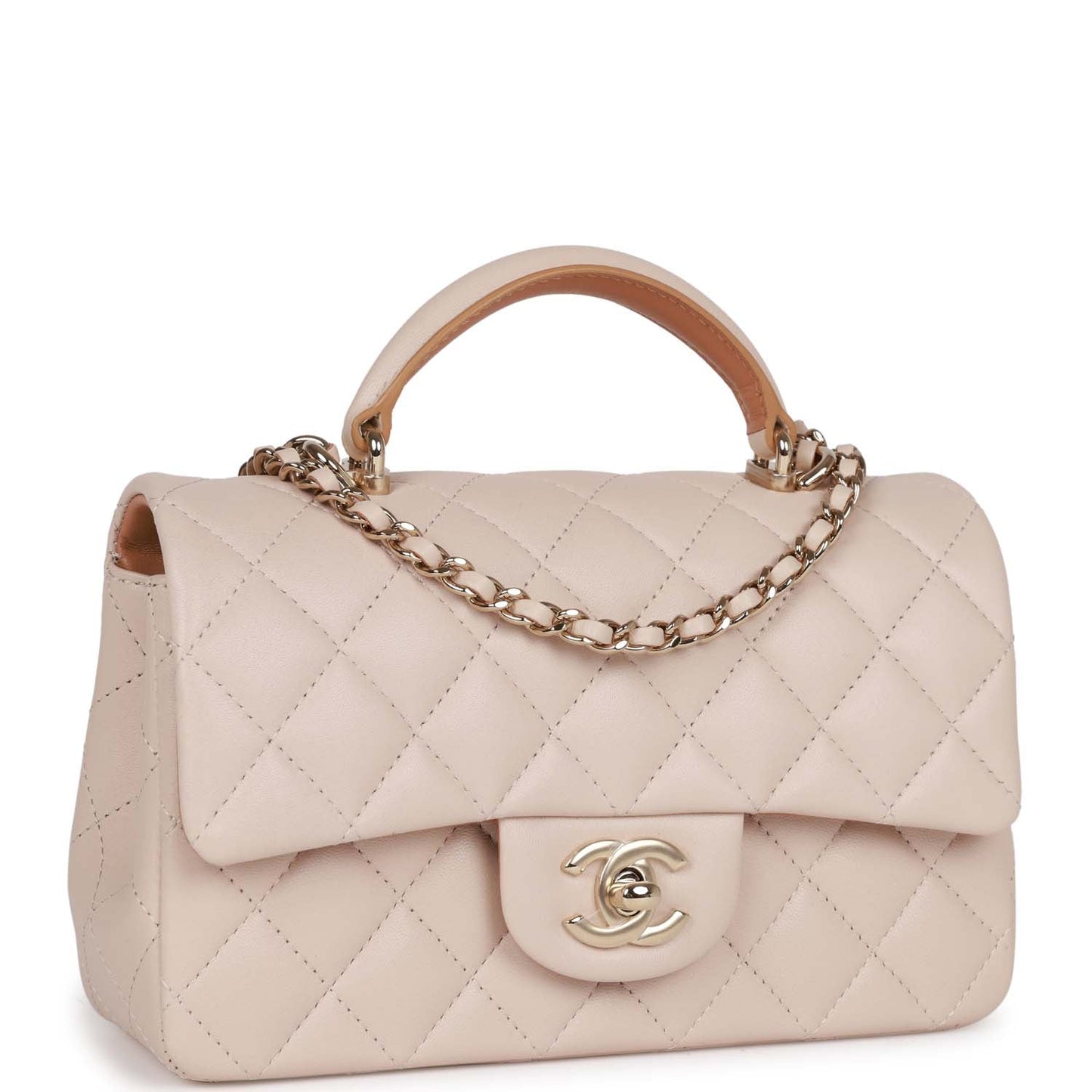 Chanel Mini Flap with Top Handle Beige and Caramel Lambskin Light Gold Hardware