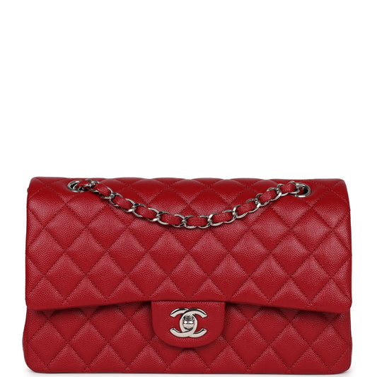 Pre-owned Chanel Medium Classic Double Flap Dark Red Caviar Silver Hardware