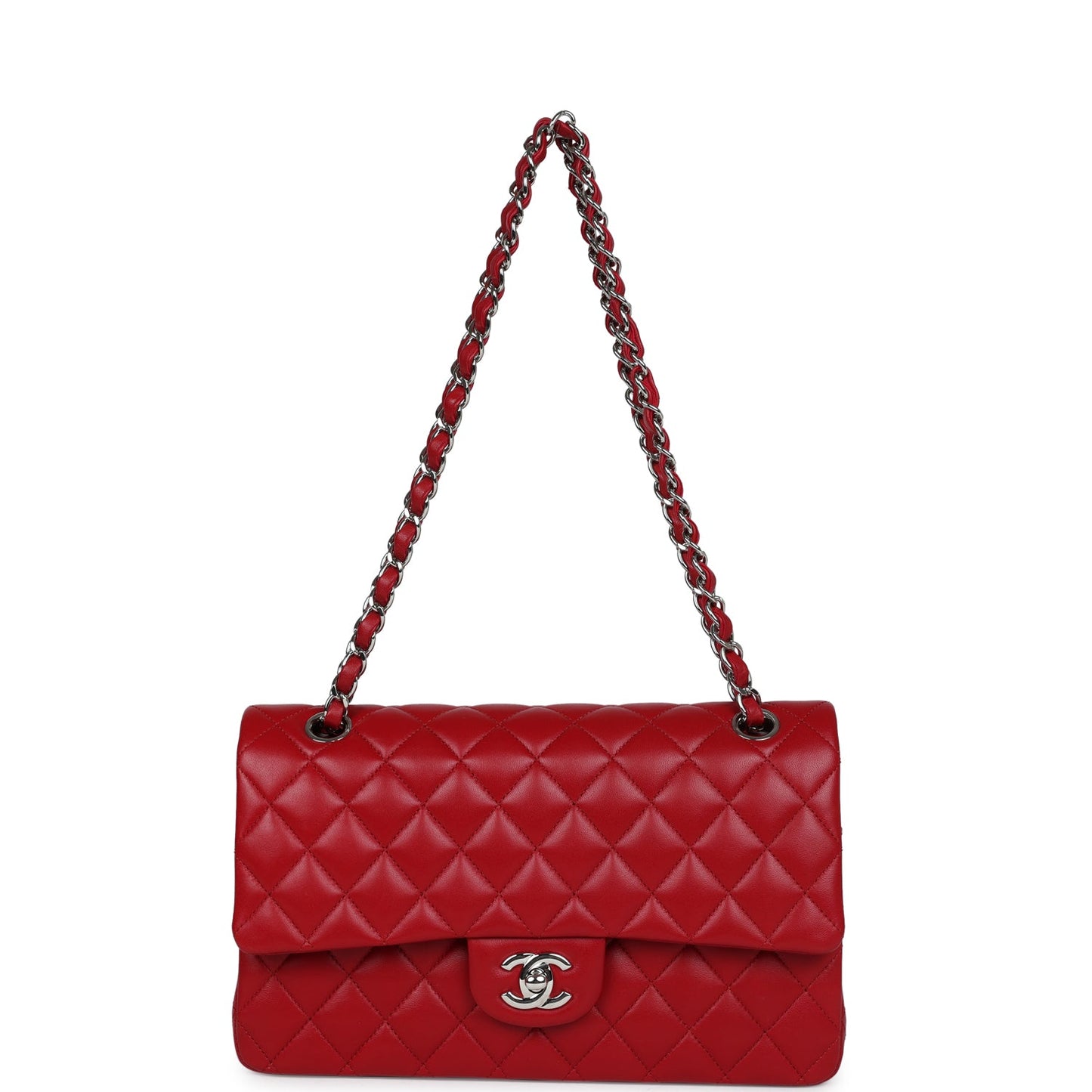 Chanel Medium Classic Double Flap Bag Red Lambskin Silver Hardware