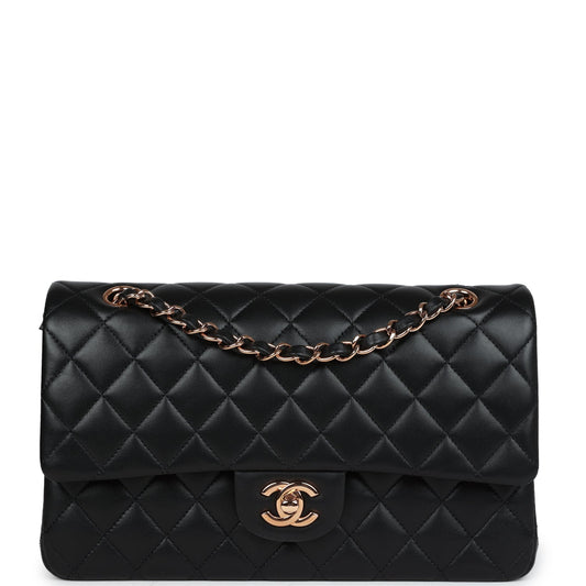 Chanel Medium Classic Double Flap Bag Black Lambskin Rose Gold Hardware