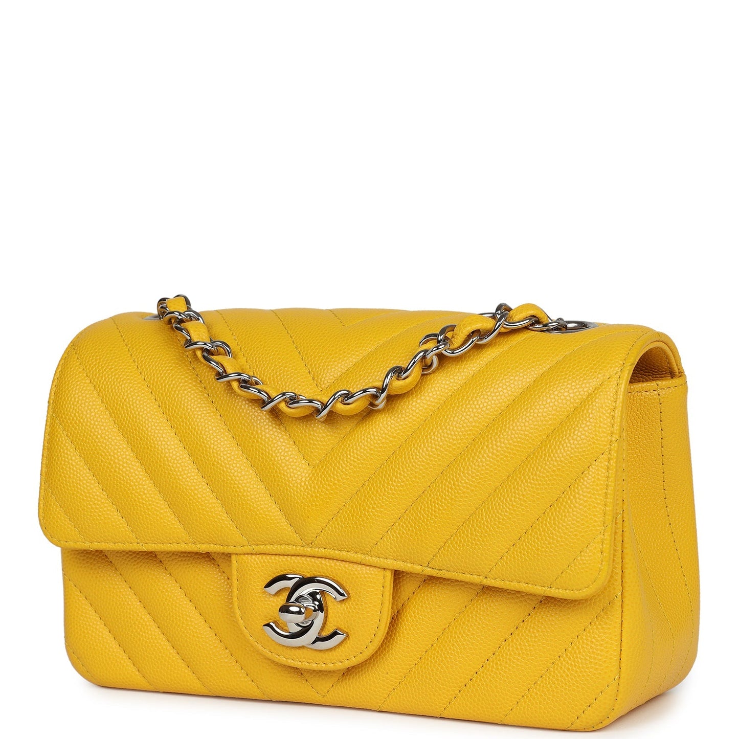 Pre-owned Chanel Mini Rectangular Flap Yellow Chevron Caviar Silver Hardware