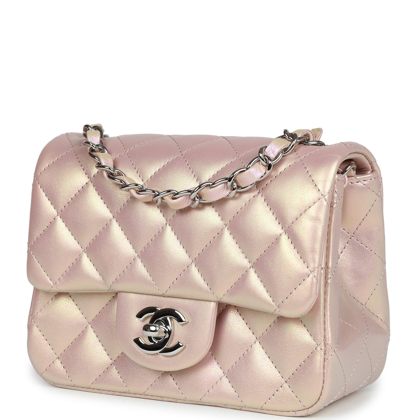 Chanel Mini Square Flap Pink Iridescent Lambskin Silver Hardware