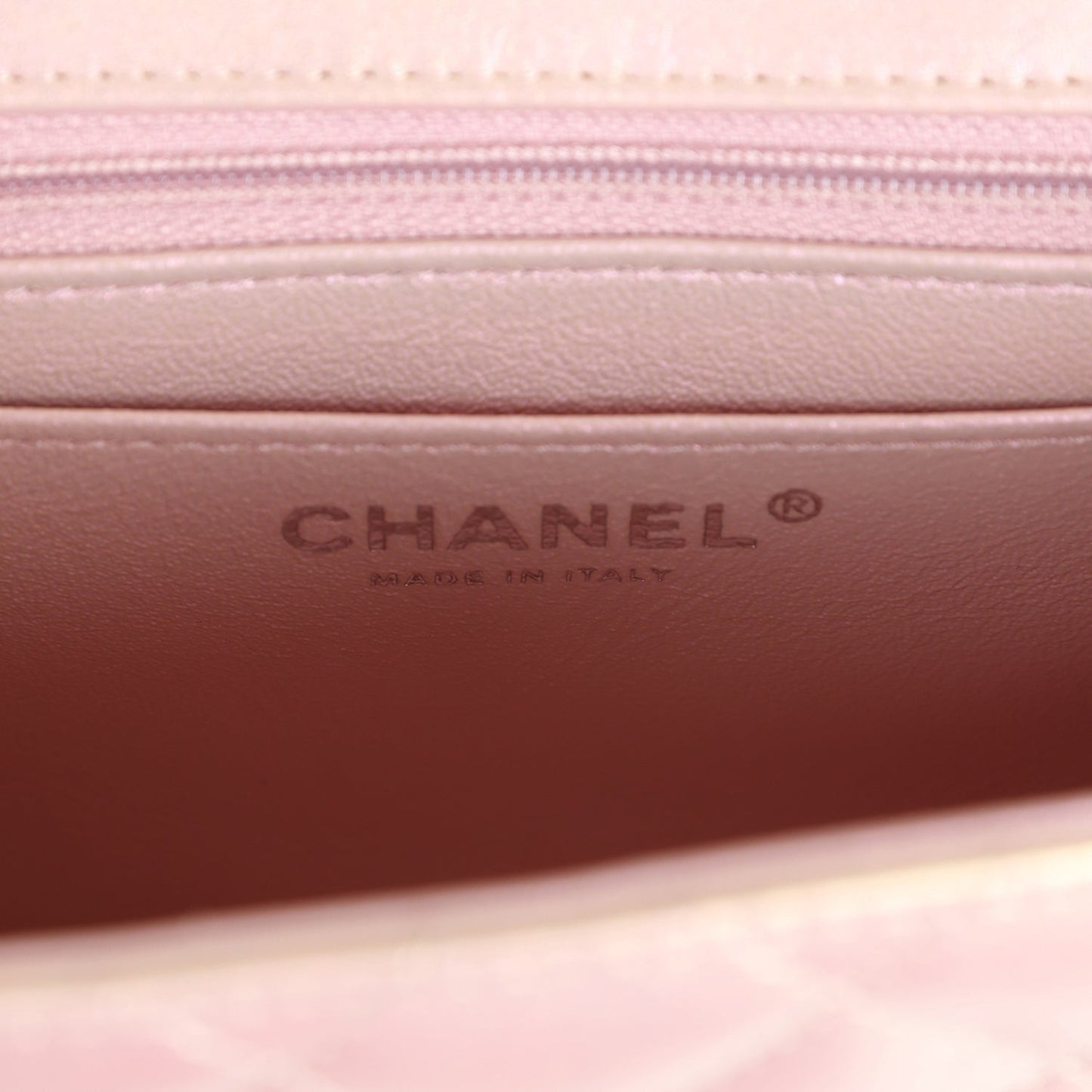 Chanel Mini Square Flap Pink Iridescent Lambskin Silver Hardware