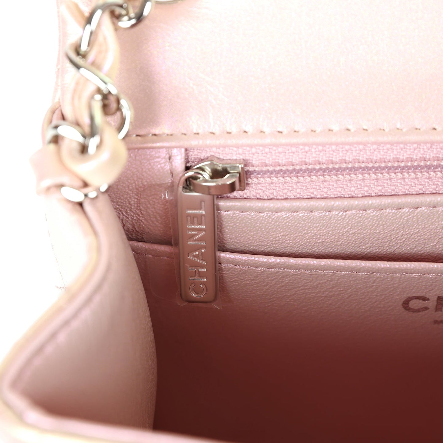 Chanel Mini Square Flap Pink Iridescent Lambskin Silver Hardware