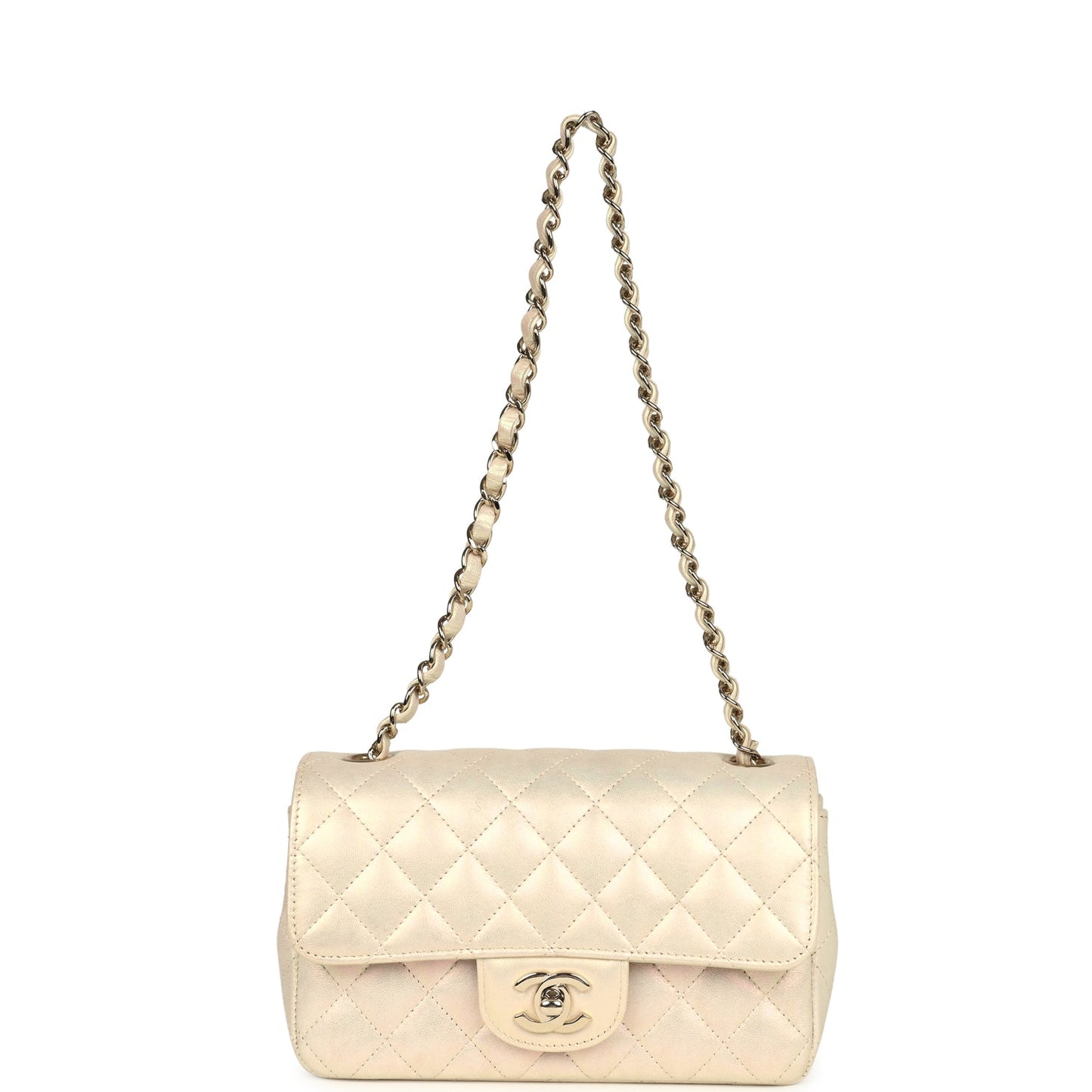 Chanel Mini Rectangular Flap Bag Iridescent Ivory Lambskin Light Gold Hardware