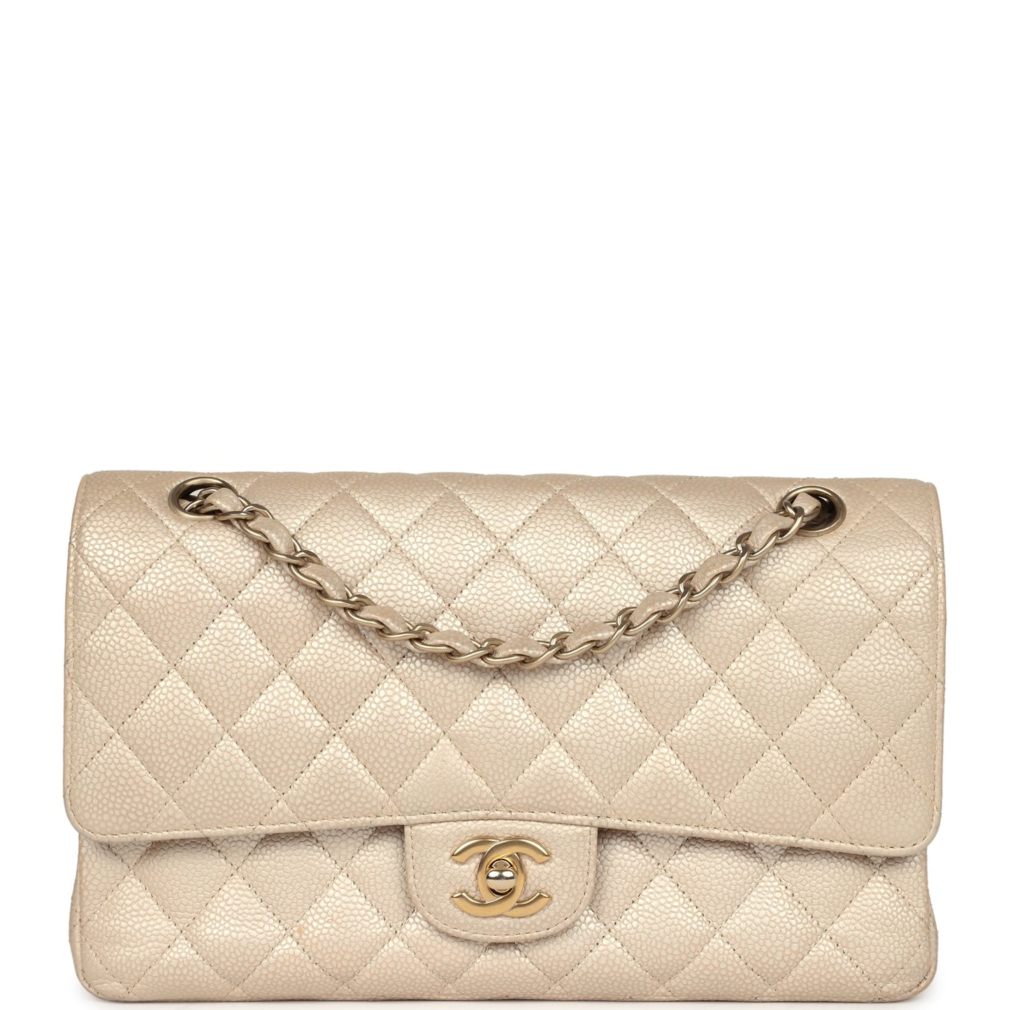 Pre-owned Chanel Medium Classic Double Flap Pearly Beige Caviar Gold Hardware