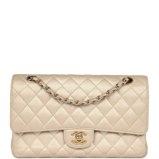 Pre-owned Chanel Medium Classic Double Flap Pearly Beige Caviar Gold Hardware