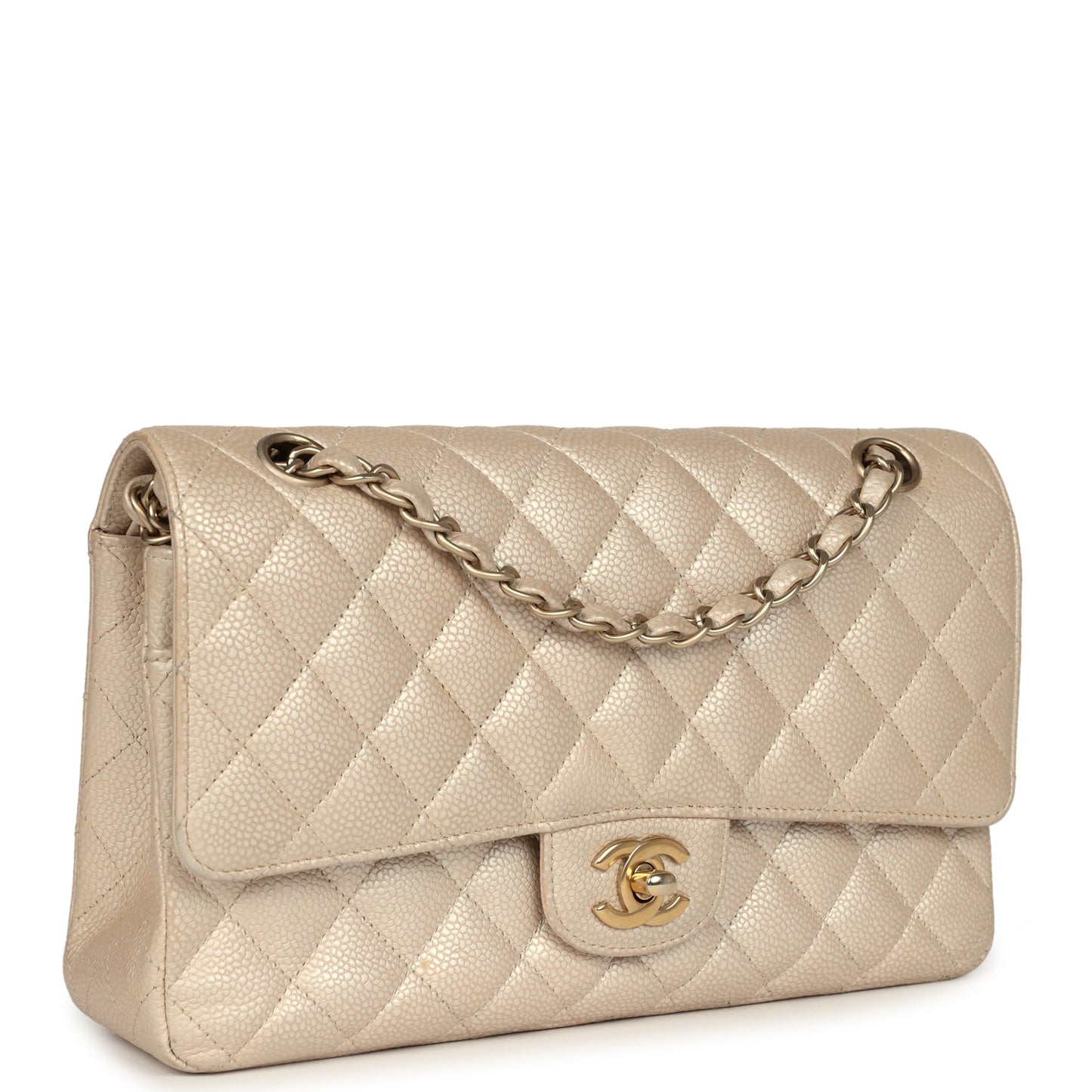 Pre-owned Chanel Medium Classic Double Flap Pearly Beige Caviar Gold Hardware