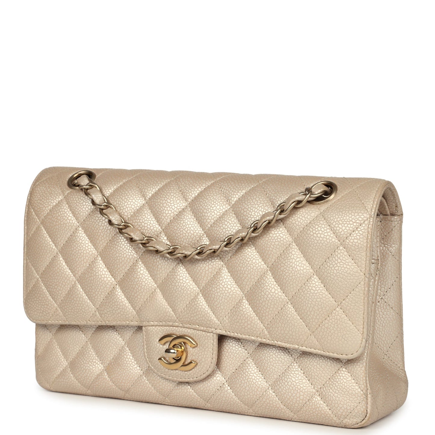 Pre-owned Chanel Medium Classic Double Flap Pearly Beige Caviar Gold Hardware