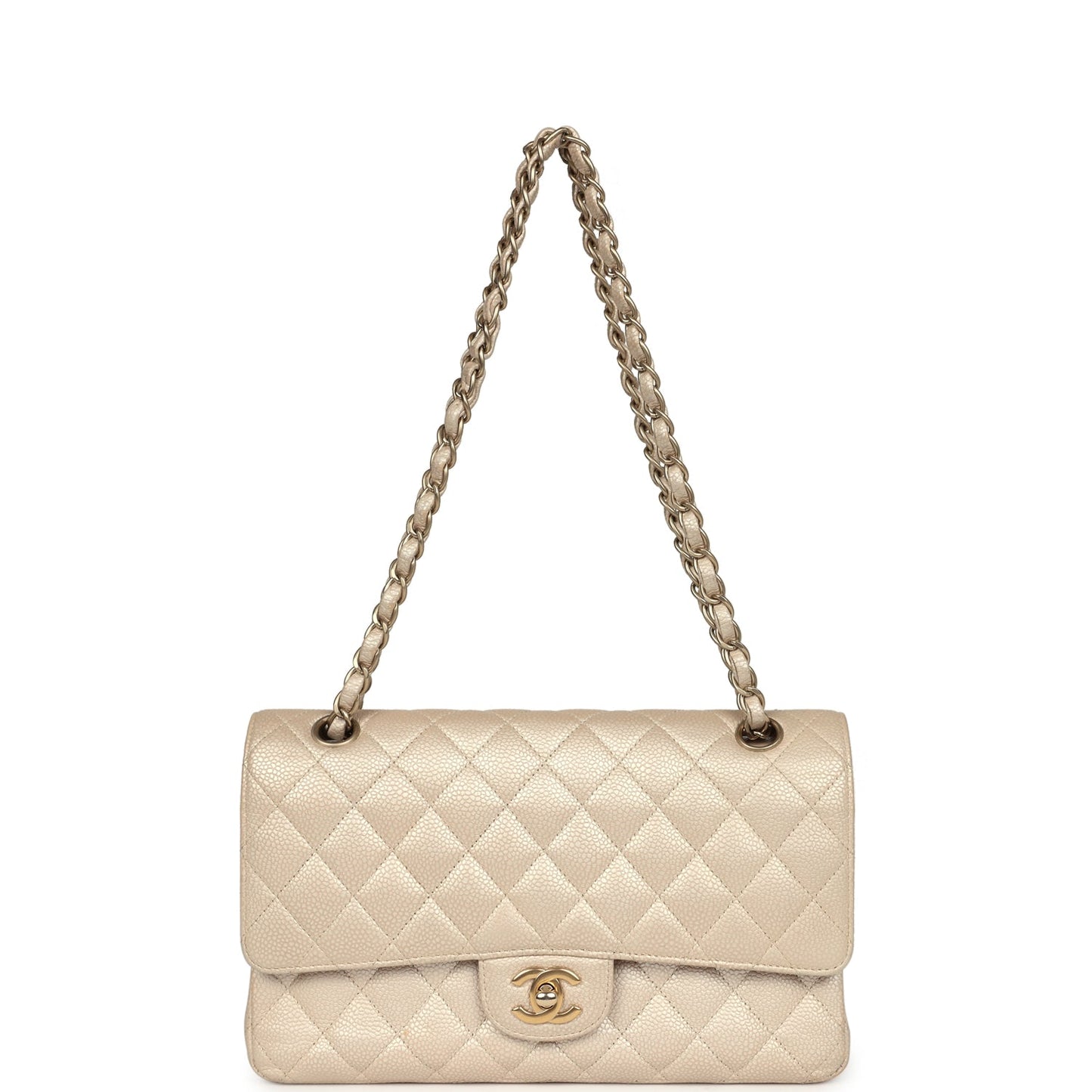 Pre-owned Chanel Medium Classic Double Flap Pearly Beige Caviar Gold Hardware