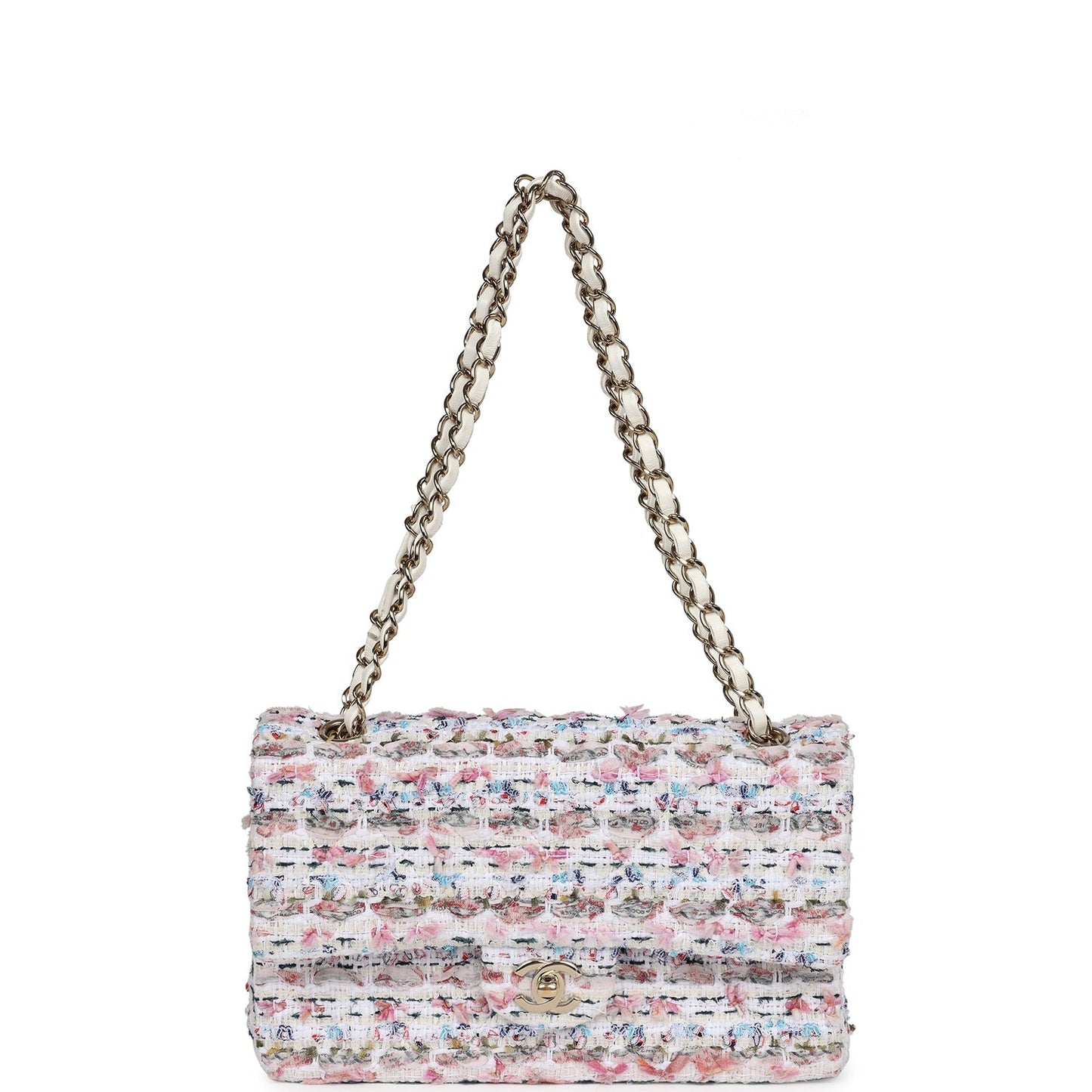 Pre-owned Chanel Medium Classic Double Flap White Multicolored Tweed Light Gold Hardware - Bob Flawless Skincare 