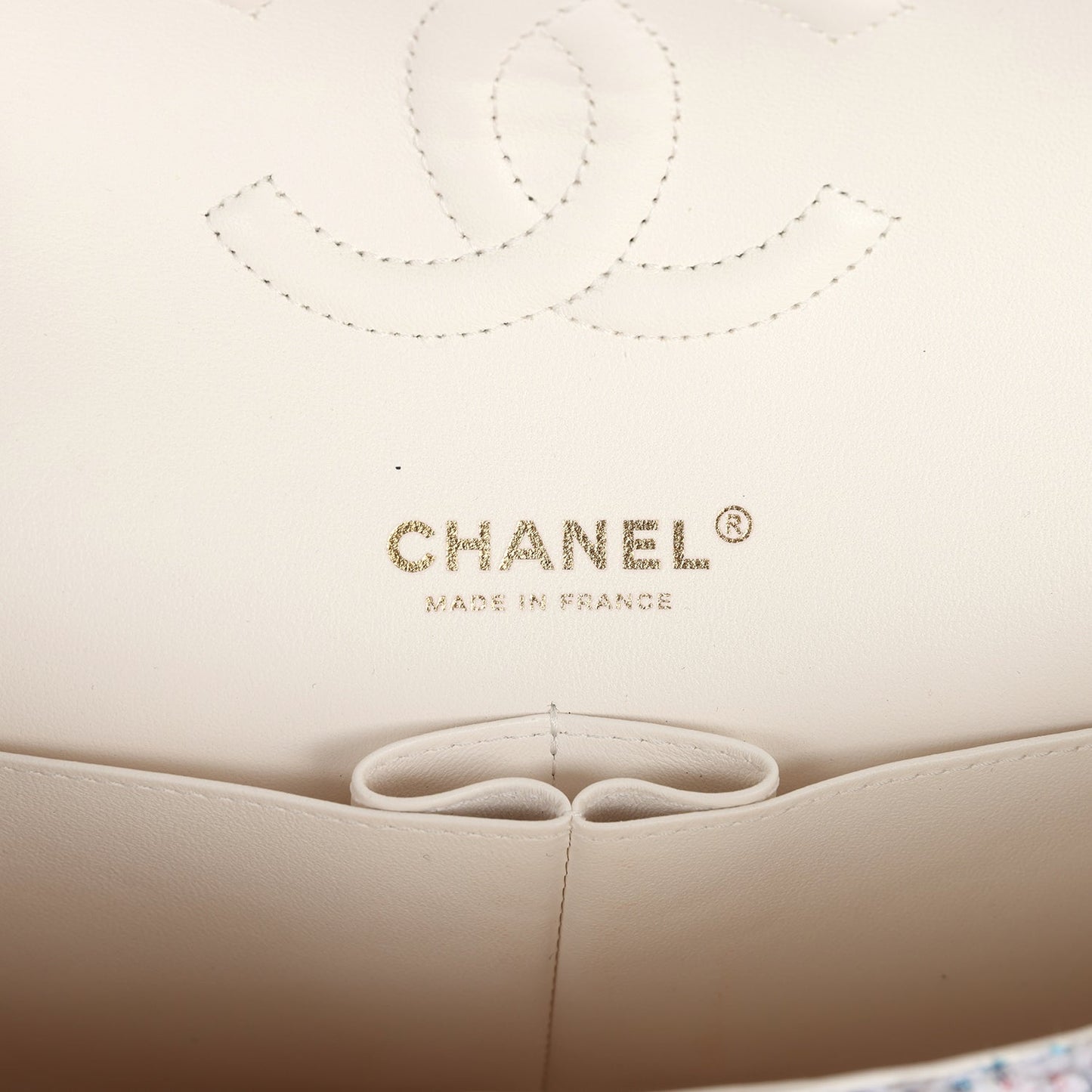 Pre-owned Chanel Medium Classic Double Flap White Multicolored Tweed Light Gold Hardware - Bob Flawless Skincare 