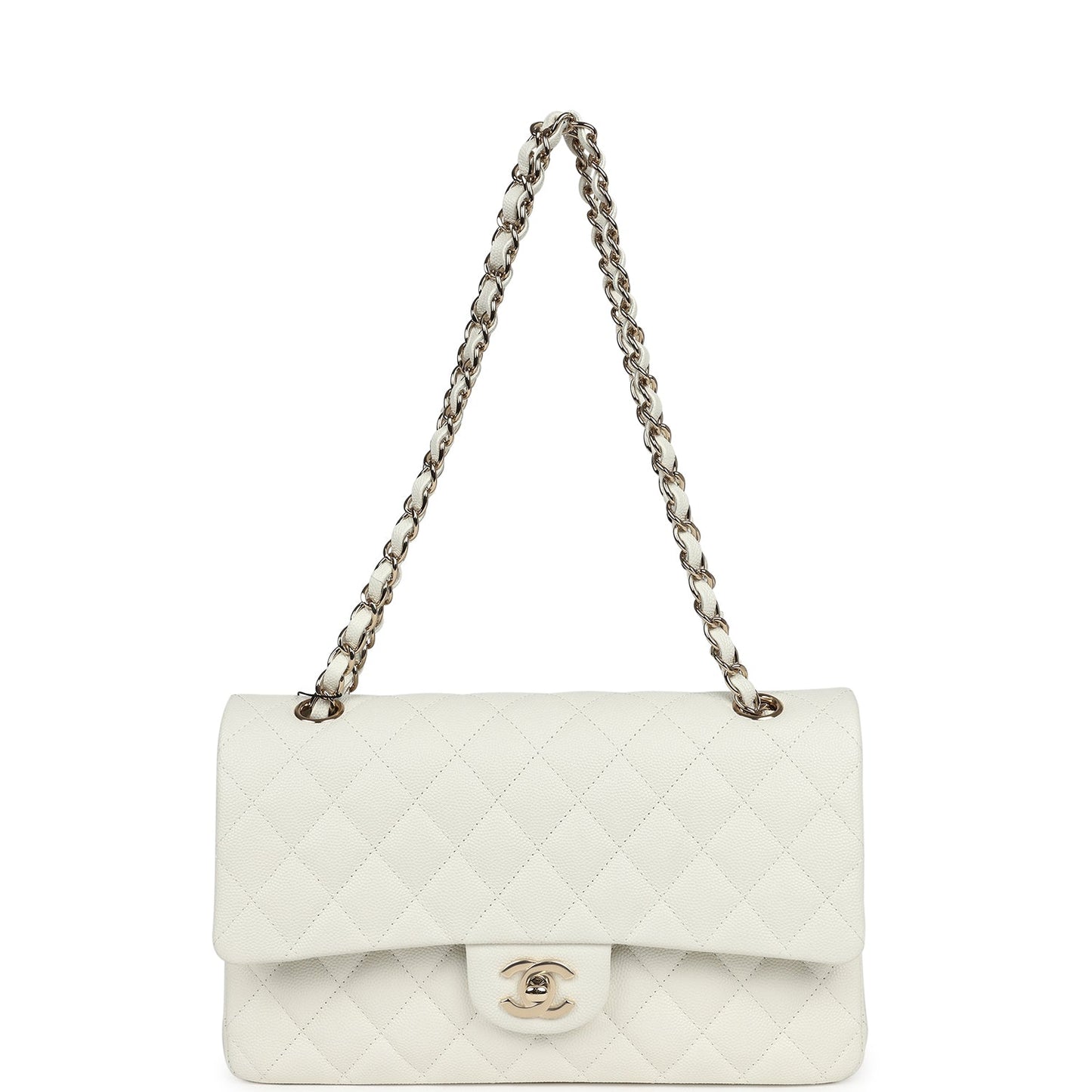 Chanel Medium Classic Double Flap White Caviar Light Gold Hardware