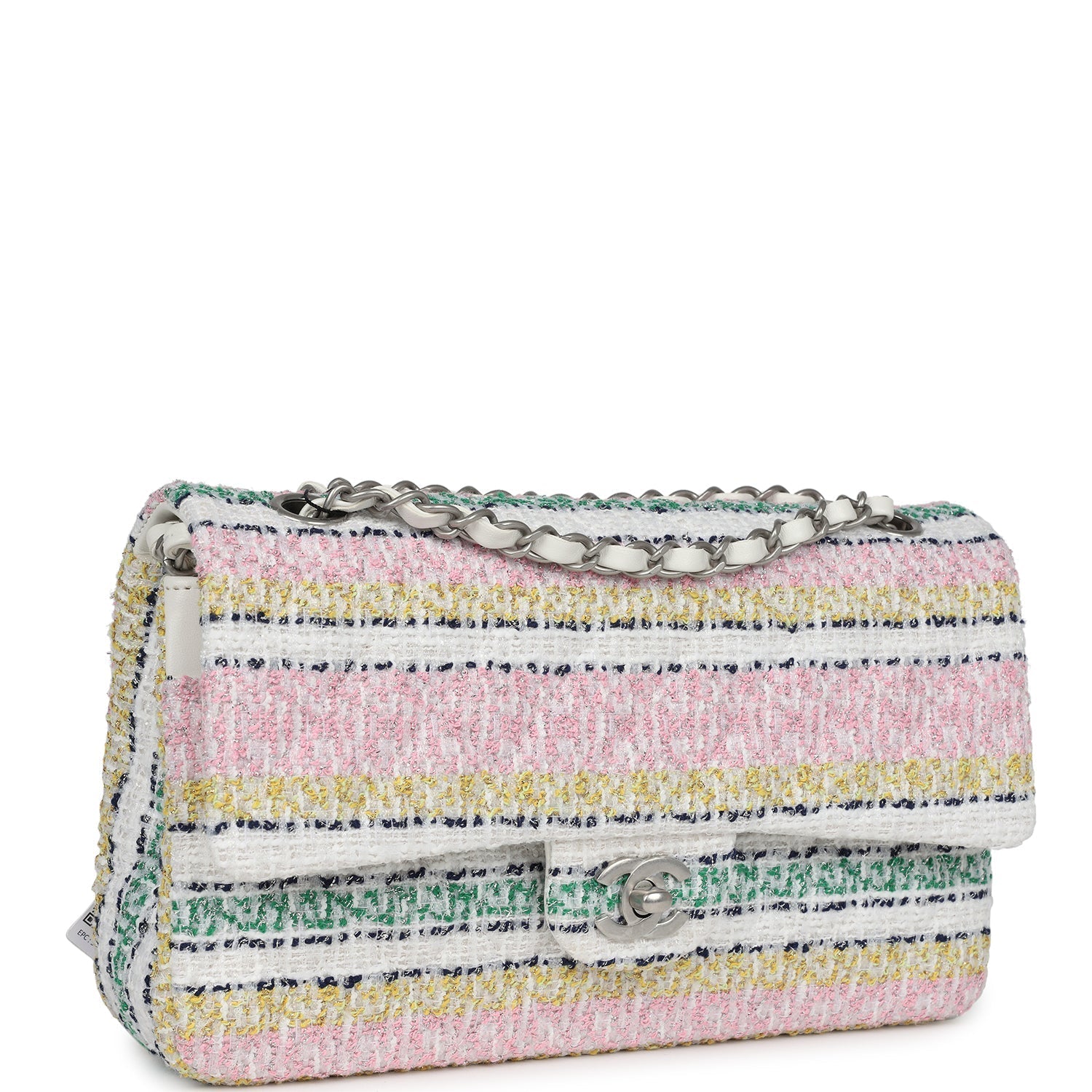 Chanel Medium Classic Double Flap White Multicolor Tweed Brushed Silver Hardware - Bob Flawless Skincare 