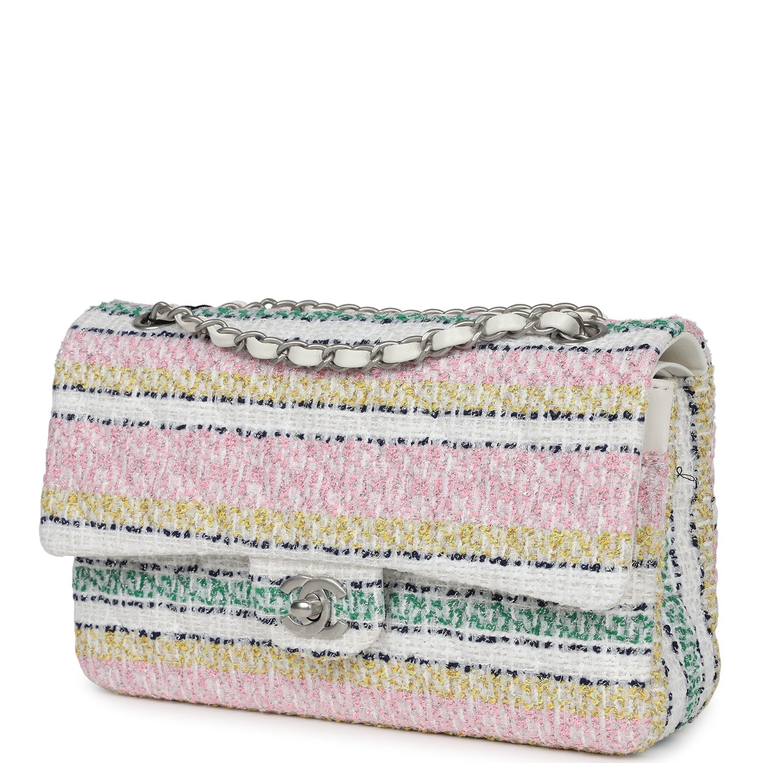 Chanel Medium Classic Double Flap White Multicolor Tweed Brushed Silver Hardware - Bob Flawless Skincare 