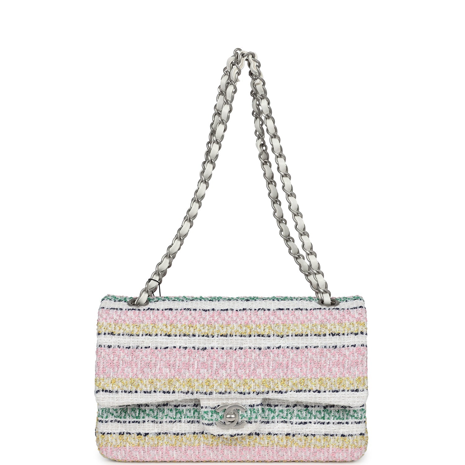 Chanel Medium Classic Double Flap White Multicolor Tweed Brushed Silver Hardware - Bob Flawless Skincare 