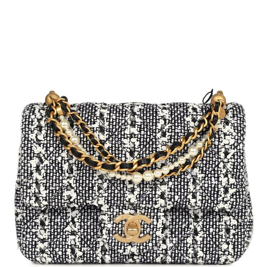 Chanel Mini Square Pearl Flap Bag Black and White Sequin Tweed Brushed Gold Hardware