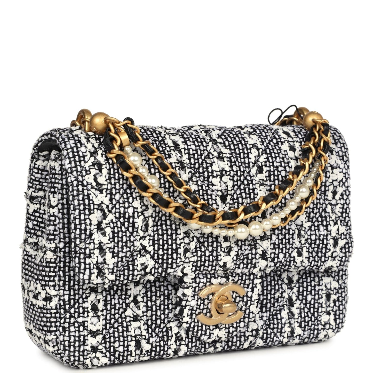 Chanel Mini Square Pearl Flap Bag Black and White Sequin Tweed Brushed Gold Hardware