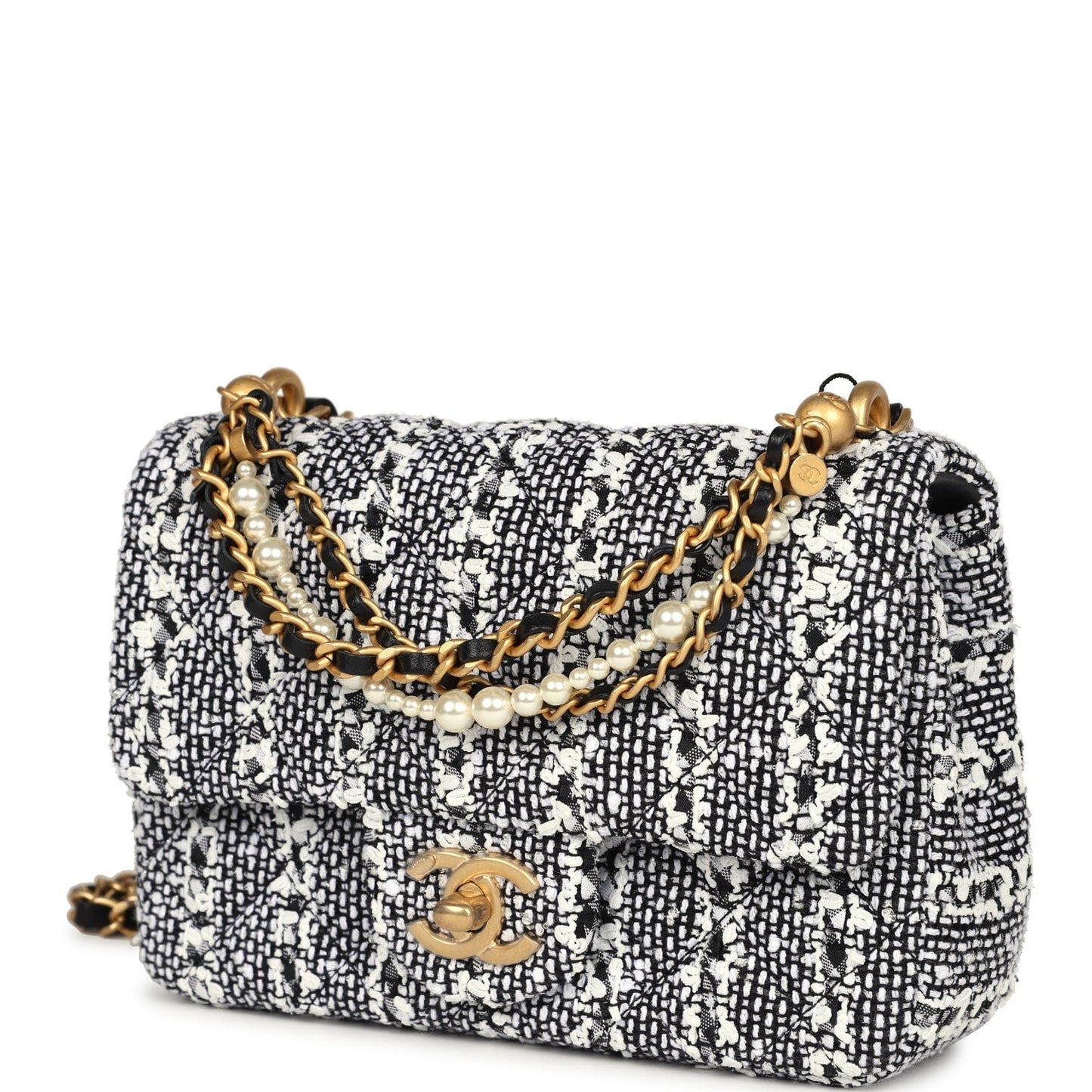 Chanel Mini Square Pearl Flap Bag Black and White Sequin Tweed Brushed Gold Hardware