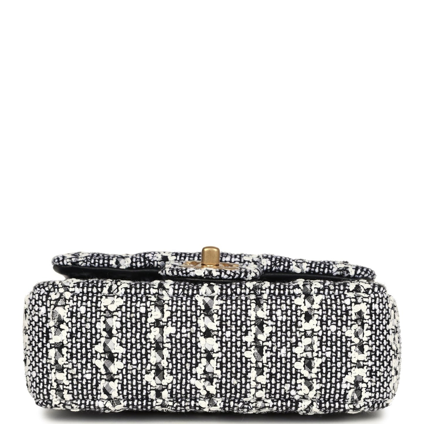 Chanel Mini Square Pearl Flap Bag Black and White Sequin Tweed Brushed Gold Hardware