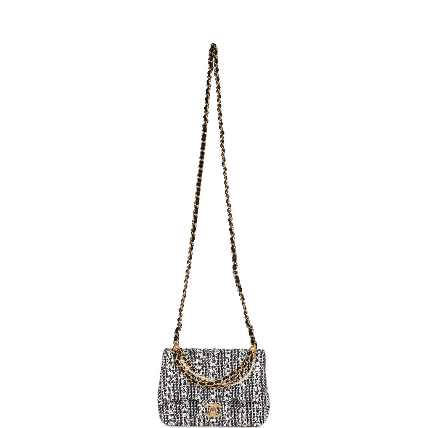 Chanel Mini Square Pearl Flap Bag Black and White Sequin Tweed Brushed Gold Hardware