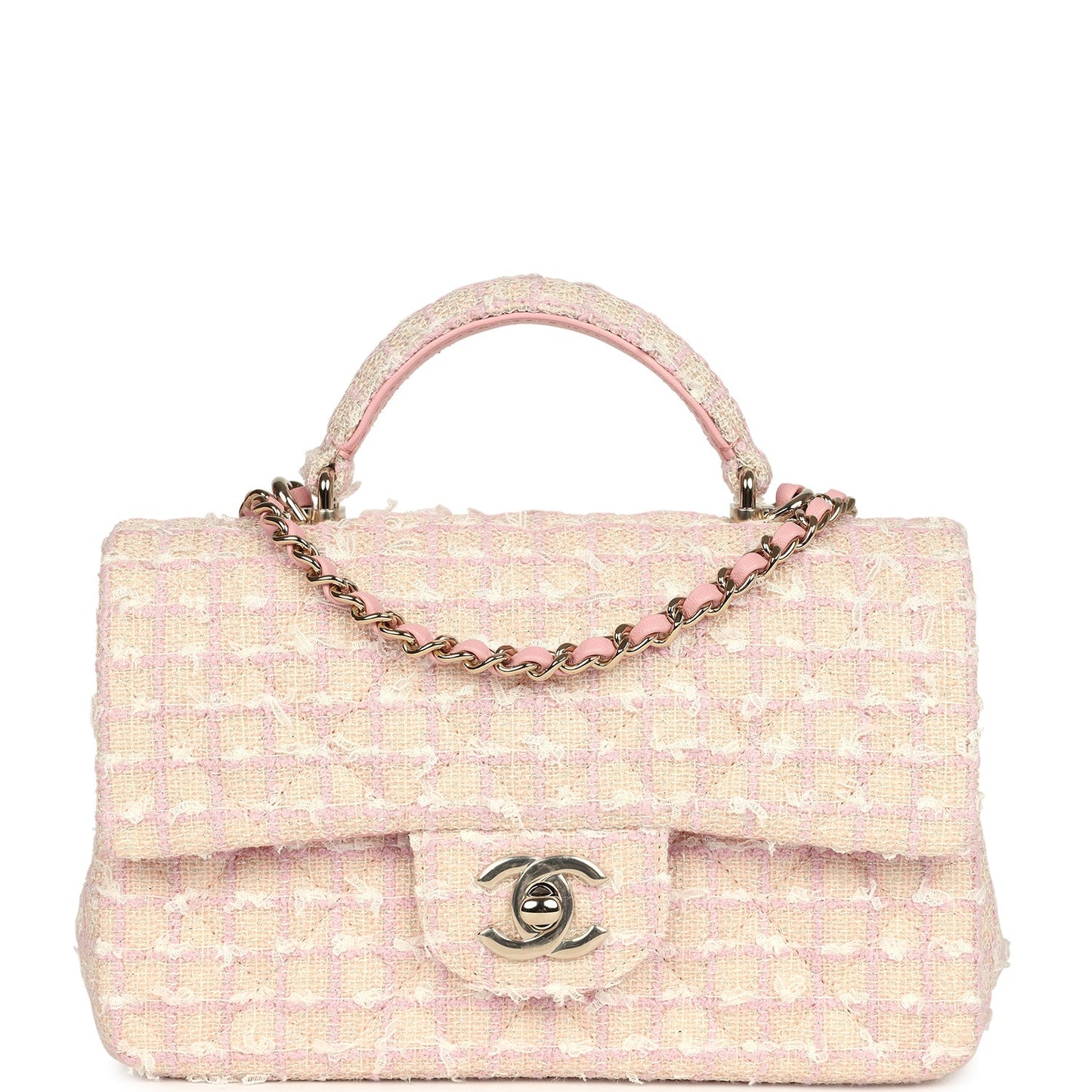 Chanel Mini Rectangular Top Handle Flap Pink and White Tweed Light Gold Hardware