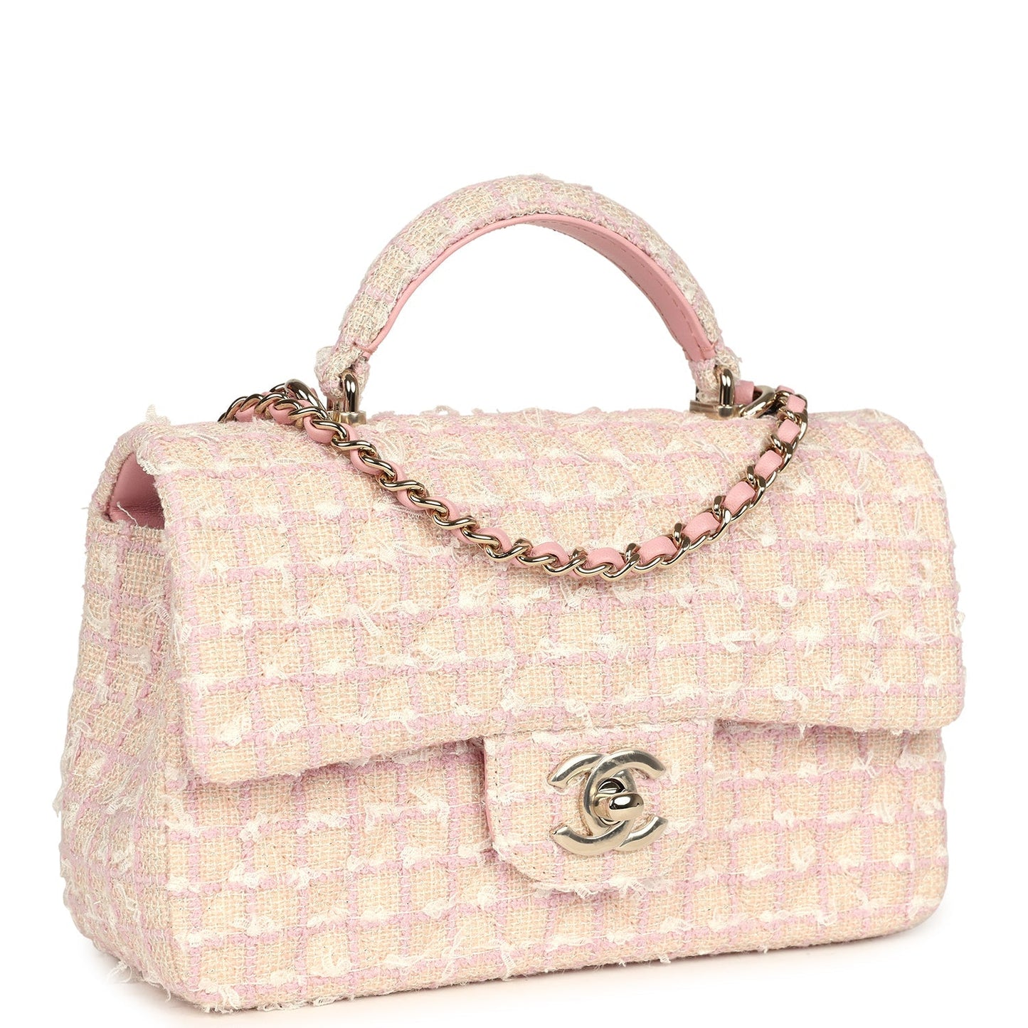 Chanel Mini Rectangular Top Handle Flap Pink and White Tweed Light Gold Hardware