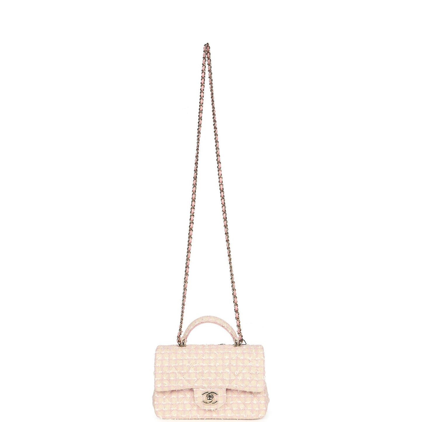 Chanel Mini Rectangular Top Handle Flap Pink and White Tweed Light Gold Hardware