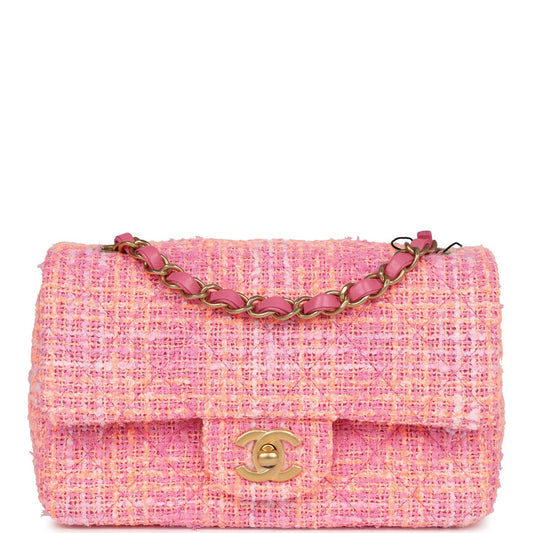 Chanel Mini Rectangular Flap Orange and Pink Tweed Gold Hardware