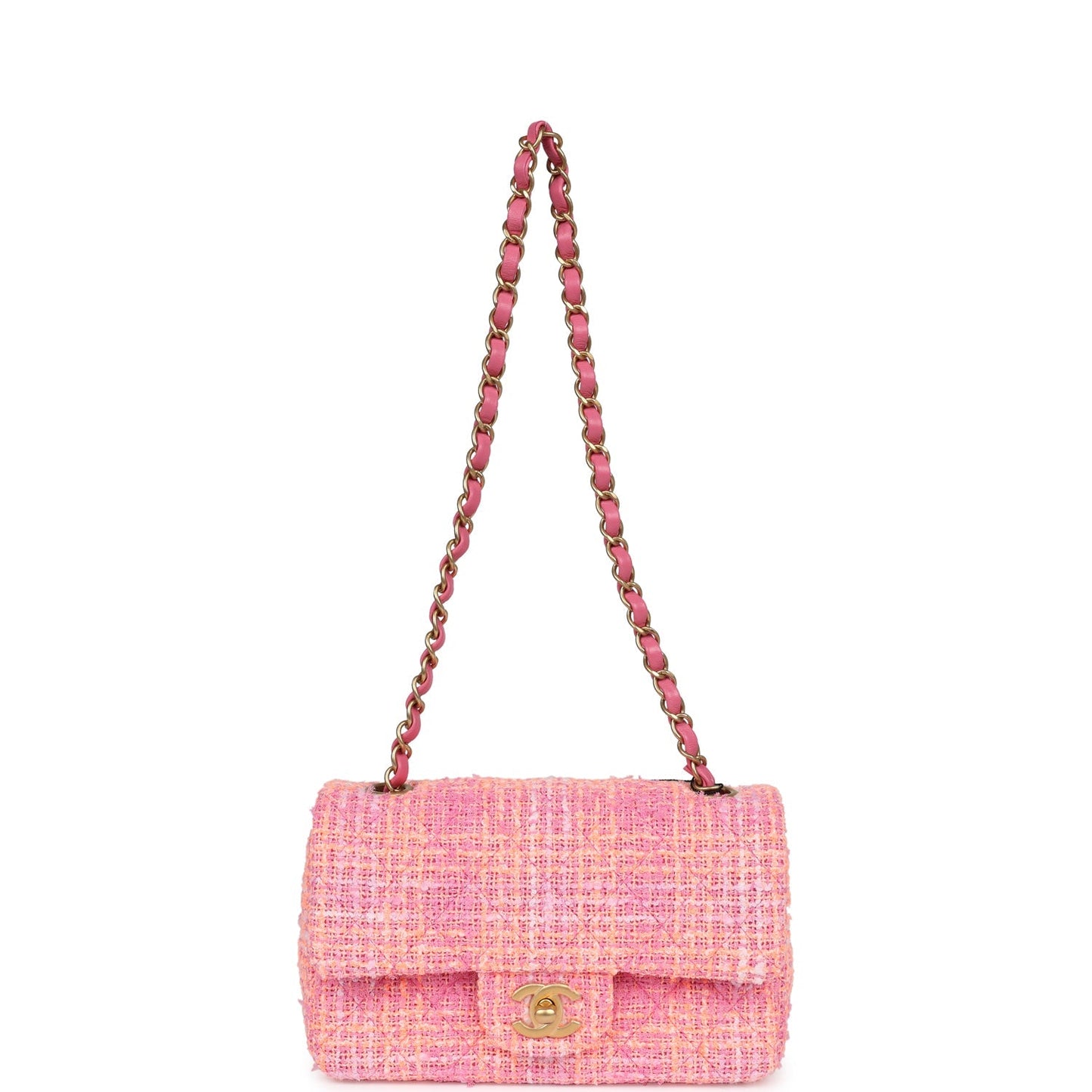 Chanel Mini Rectangular Flap Orange and Pink Tweed Gold Hardware