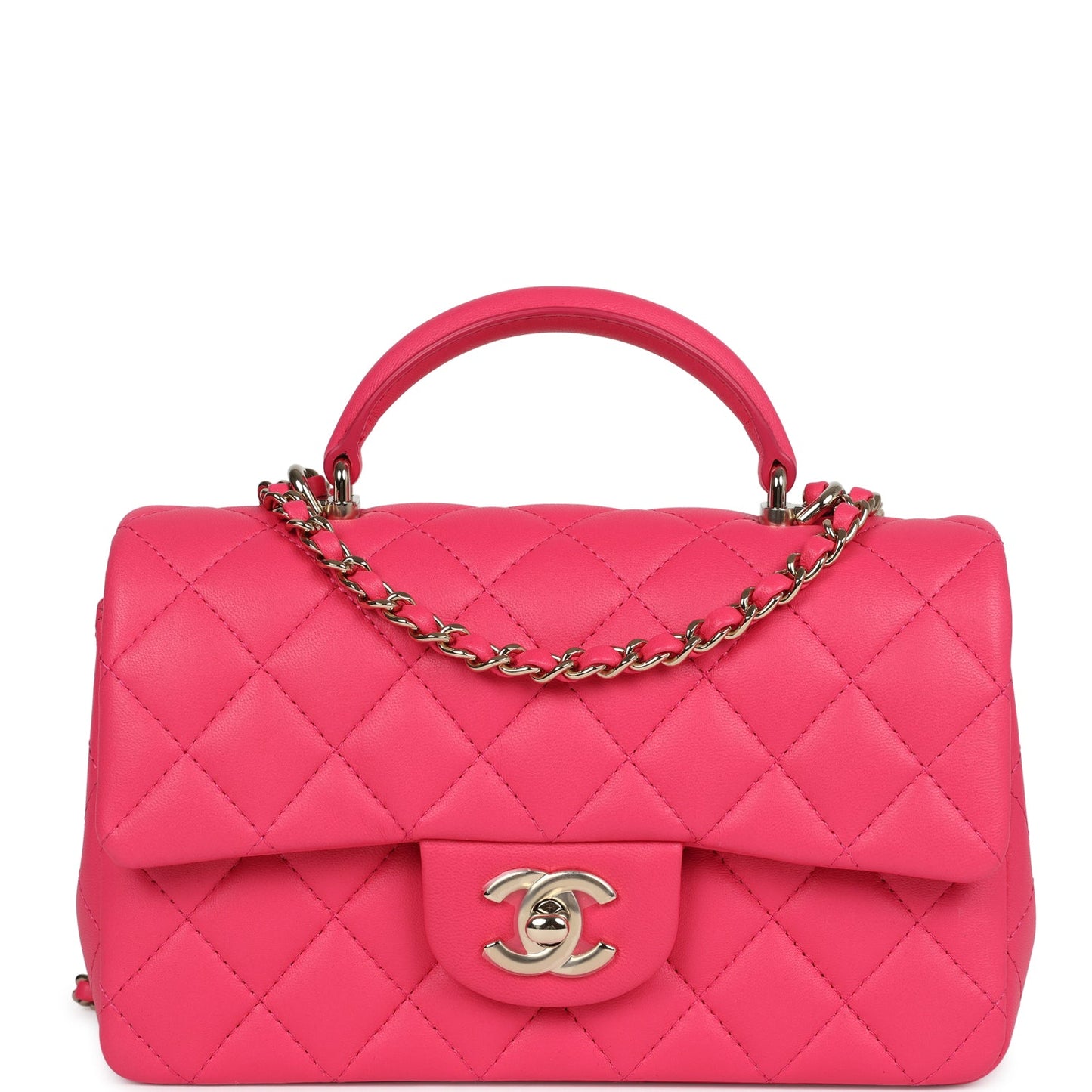 Chanel Mini Rectangular Flap with Top Handle Pink Lambskin Light Gold Hardware