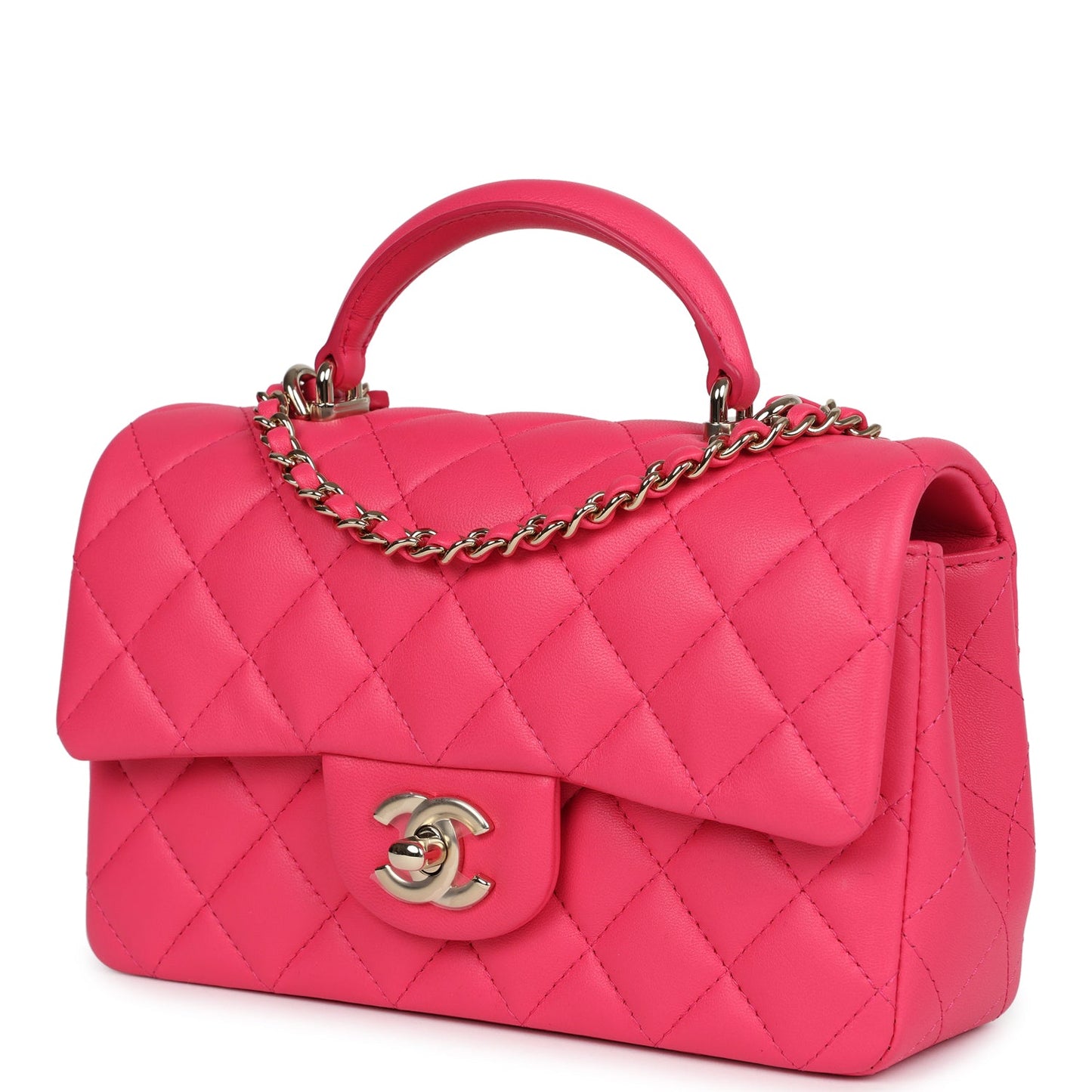 Chanel Mini Rectangular Flap with Top Handle Pink Lambskin Light Gold Hardware