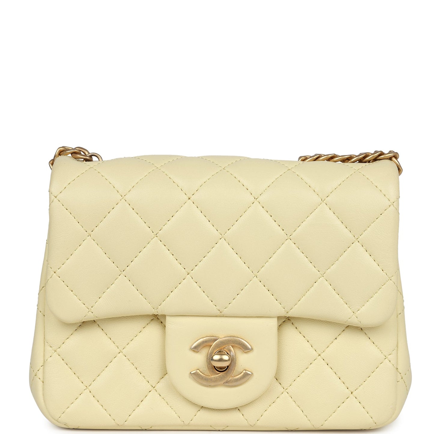 Chanel Camellia Crush Mini Square Flap Yellow Lambskin Antique Gold Hardware