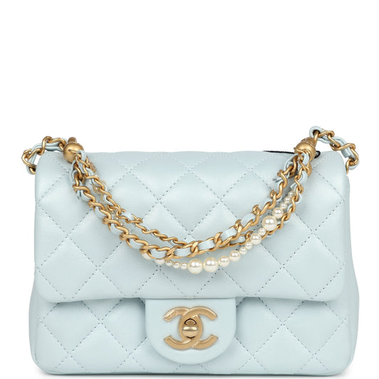 Chanel Mini Square Pearl Flap Bag Light Blue Iridescent Lambskin Brushed Gold Hardware