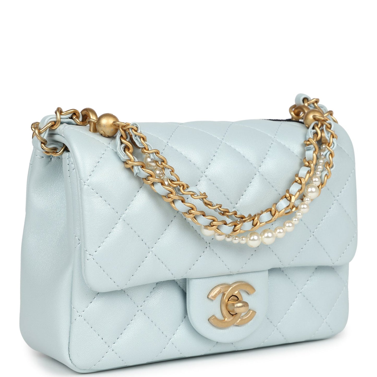 Chanel Mini Square Pearl Flap Bag Light Blue Iridescent Lambskin Brushed Gold Hardware