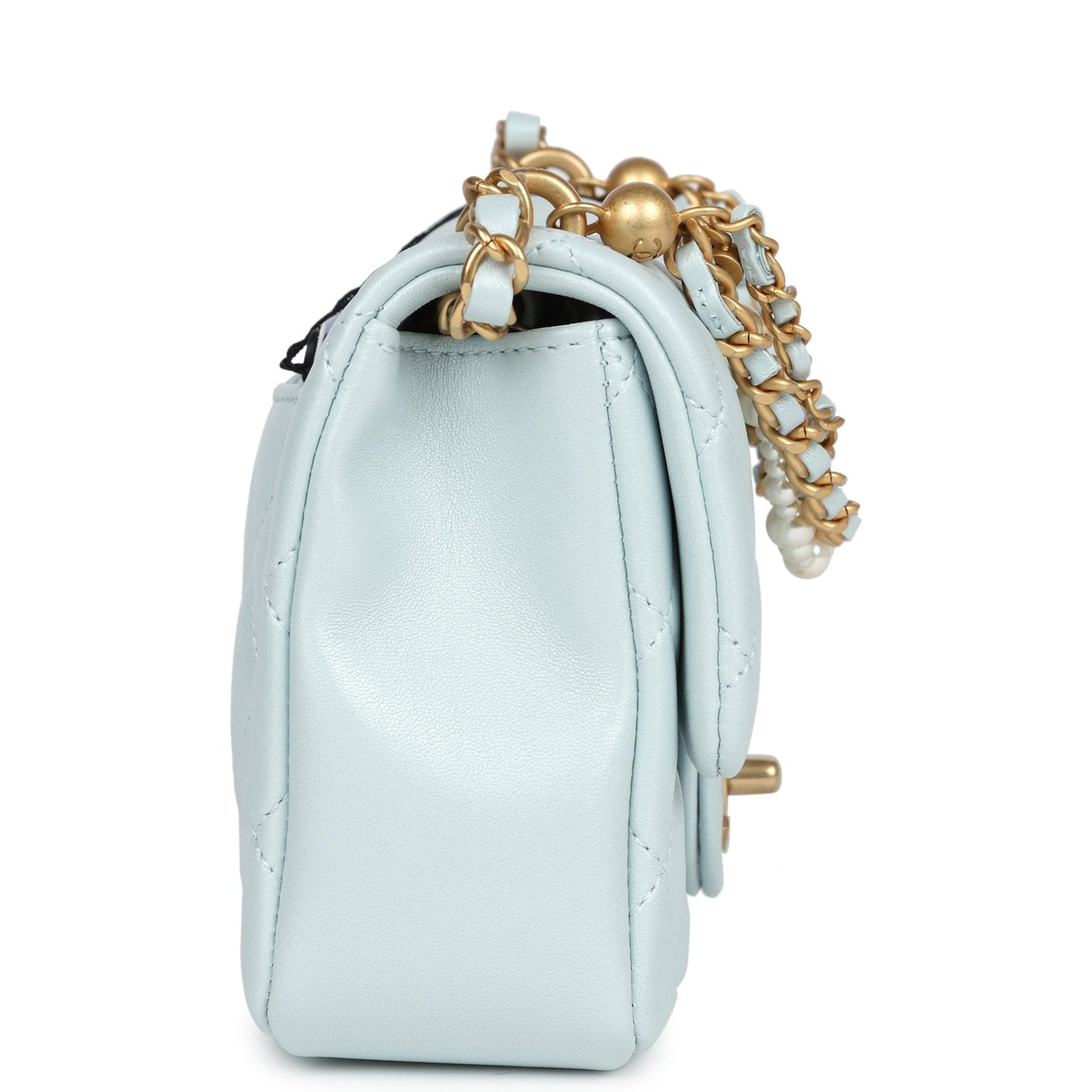 Chanel Mini Square Pearl Flap Bag Light Blue Iridescent Lambskin Brushed Gold Hardware